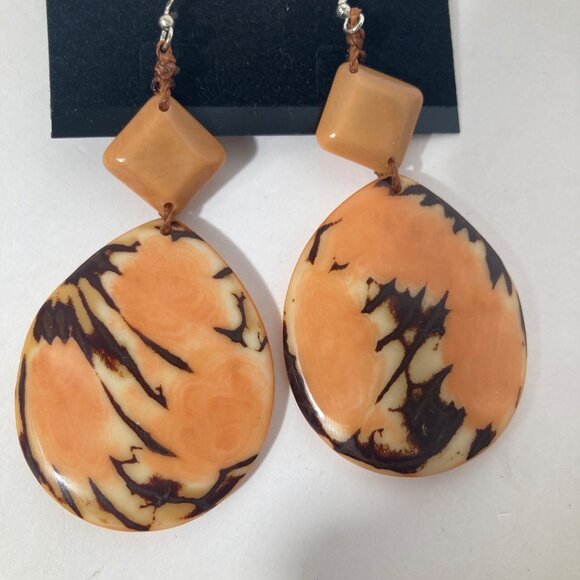 Tagua Nut Dangle Earrings 3" Peach  Brown Cream - Picture 2 of 4